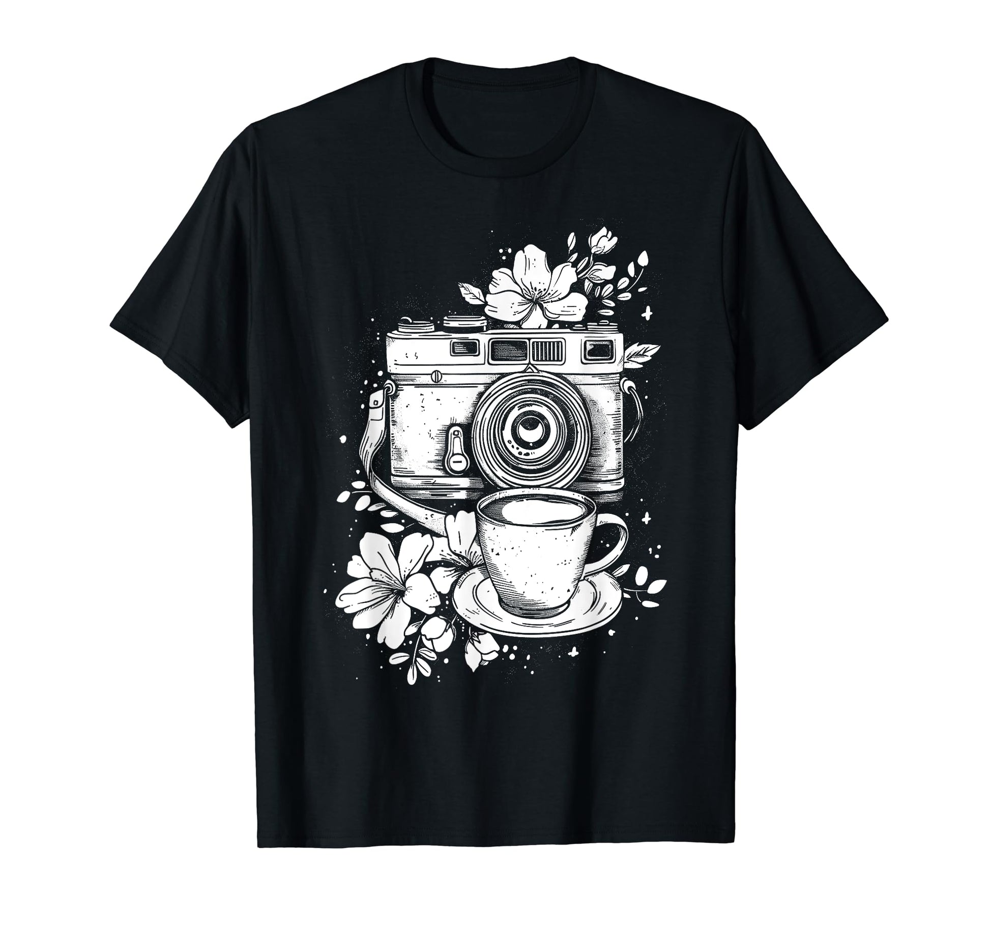 Photographer Coffee Camera Flowers T-Shirt - Unique Graphic Men Women - T-Shirt, Sweatshirt, Hoodie