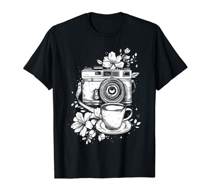 Photographer Coffee Camera Flowers T-Shirt - Unique Graphic Men Women - T-Shirt, Sweatshirt, Hoodie