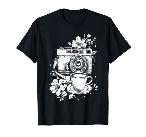 Photographer Coffee Camera Flowers T-Shirt - Unique Graphic Men Women - T-Shirt, Sweatshirt, Hoodie