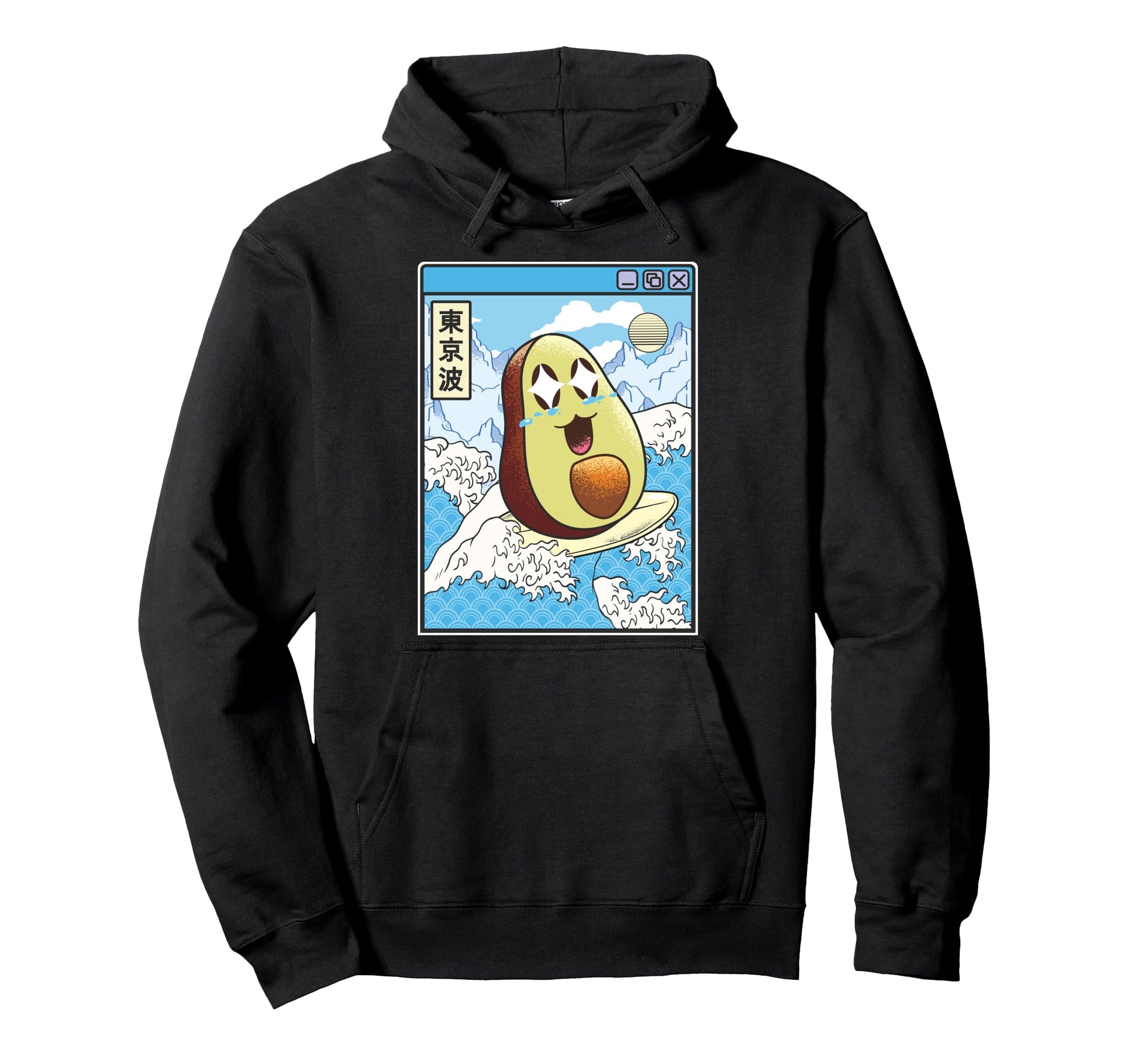 Happy Avocado Surfing Japanese Waves Hoodie - Aesthetic Graphic Men Women - T-Shirt, Sweatshirt, Hoodie