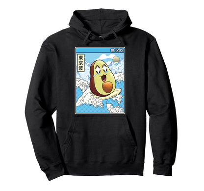Happy Avocado Surfing Japanese Waves Hoodie - Aesthetic Graphic Men Women - T-Shirt, Sweatshirt, Hoodie