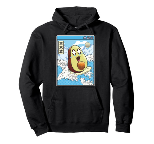 Happy Avocado Surfing Japanese Waves Hoodie - Aesthetic Graphic Men Women - T-Shirt, Sweatshirt, Hoodie