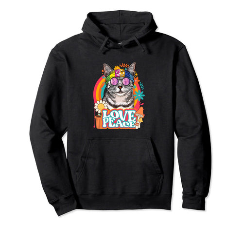Hippie Cat Rainbow 60S 70S Peace Sign Love Hoodie - Custom Art Print Unisex - T-Shirt, Sweatshirt, Hoodie