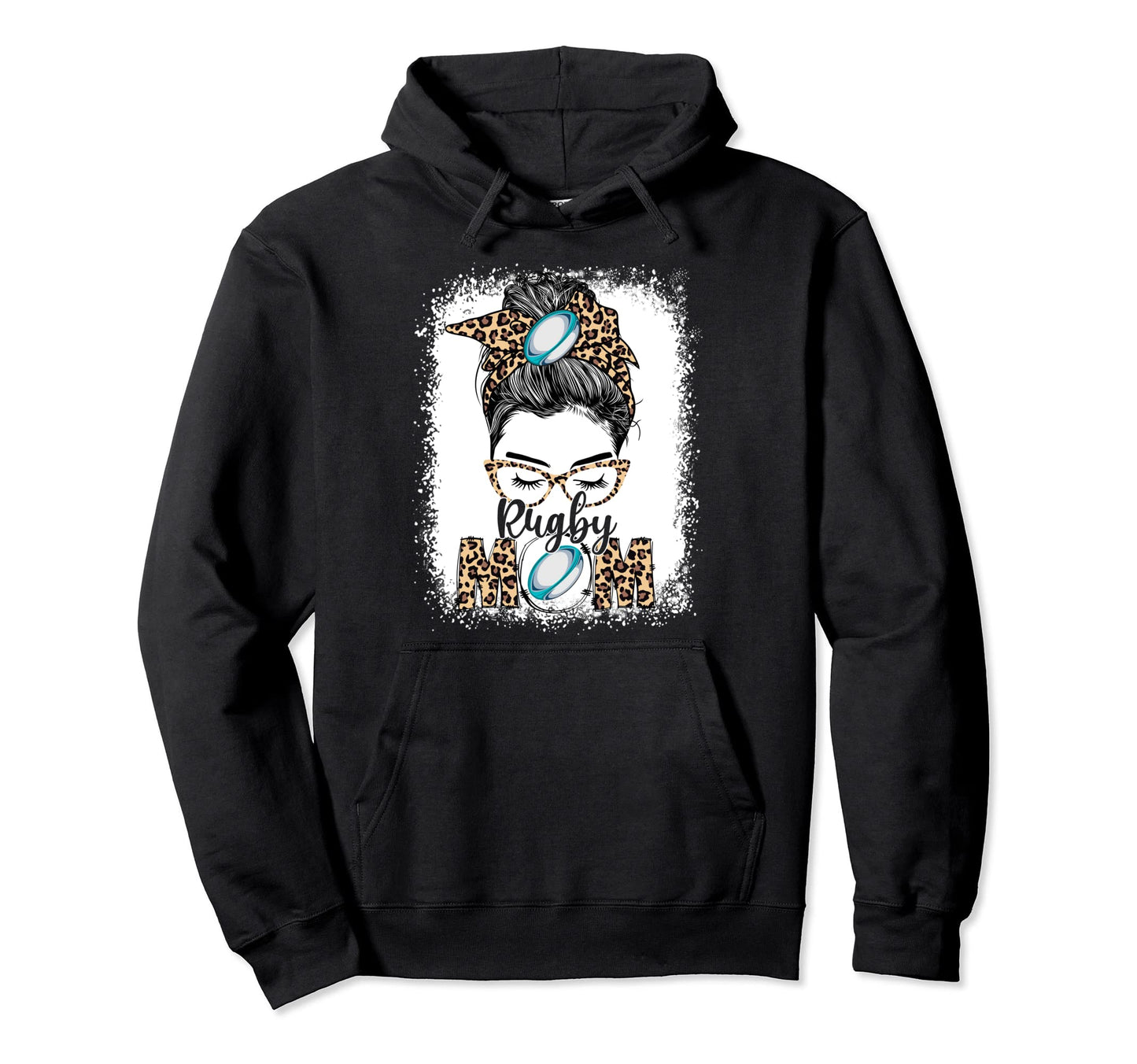 Rugby Mom Game Day Messy Bun Leopard Hoodie - Unique Graphic Men Women - T-Shirt, Sweatshirt, Hoodie