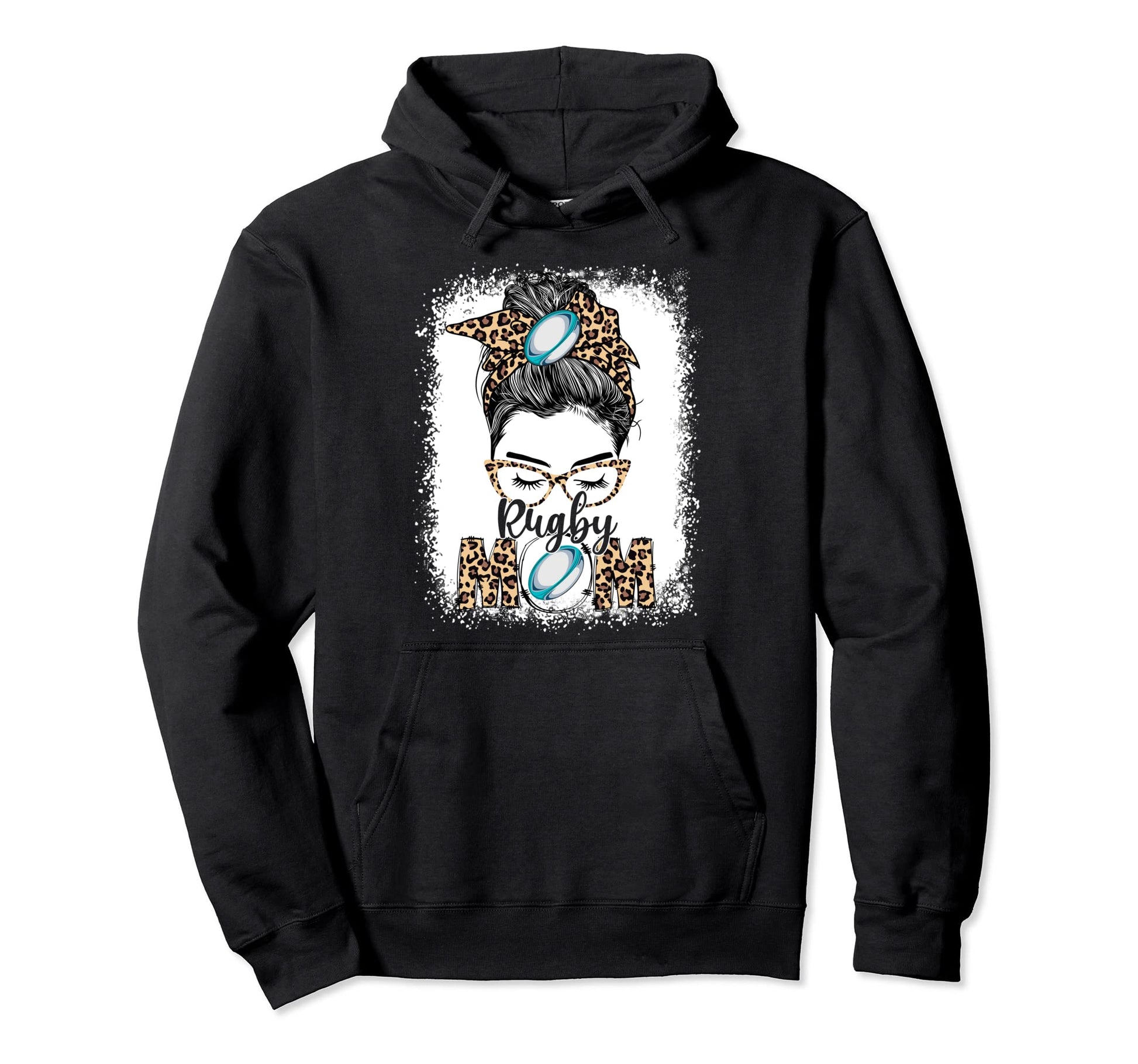Rugby Mom Game Day Messy Bun Leopard Hoodie - Unique Graphic Men Women - T-Shirt, Sweatshirt, Hoodie