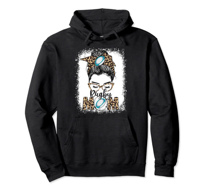 Rugby Mom Game Day Messy Bun Leopard Hoodie - Unique Graphic Men Women - T-Shirt, Sweatshirt, Hoodie