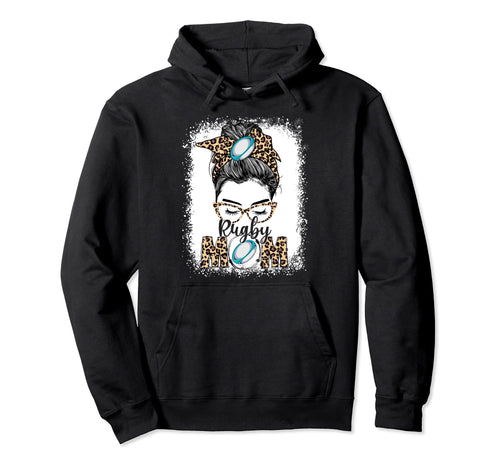 Rugby Mom Game Day Messy Bun Leopard Hoodie - Unique Graphic Men Women - T-Shirt, Sweatshirt, Hoodie