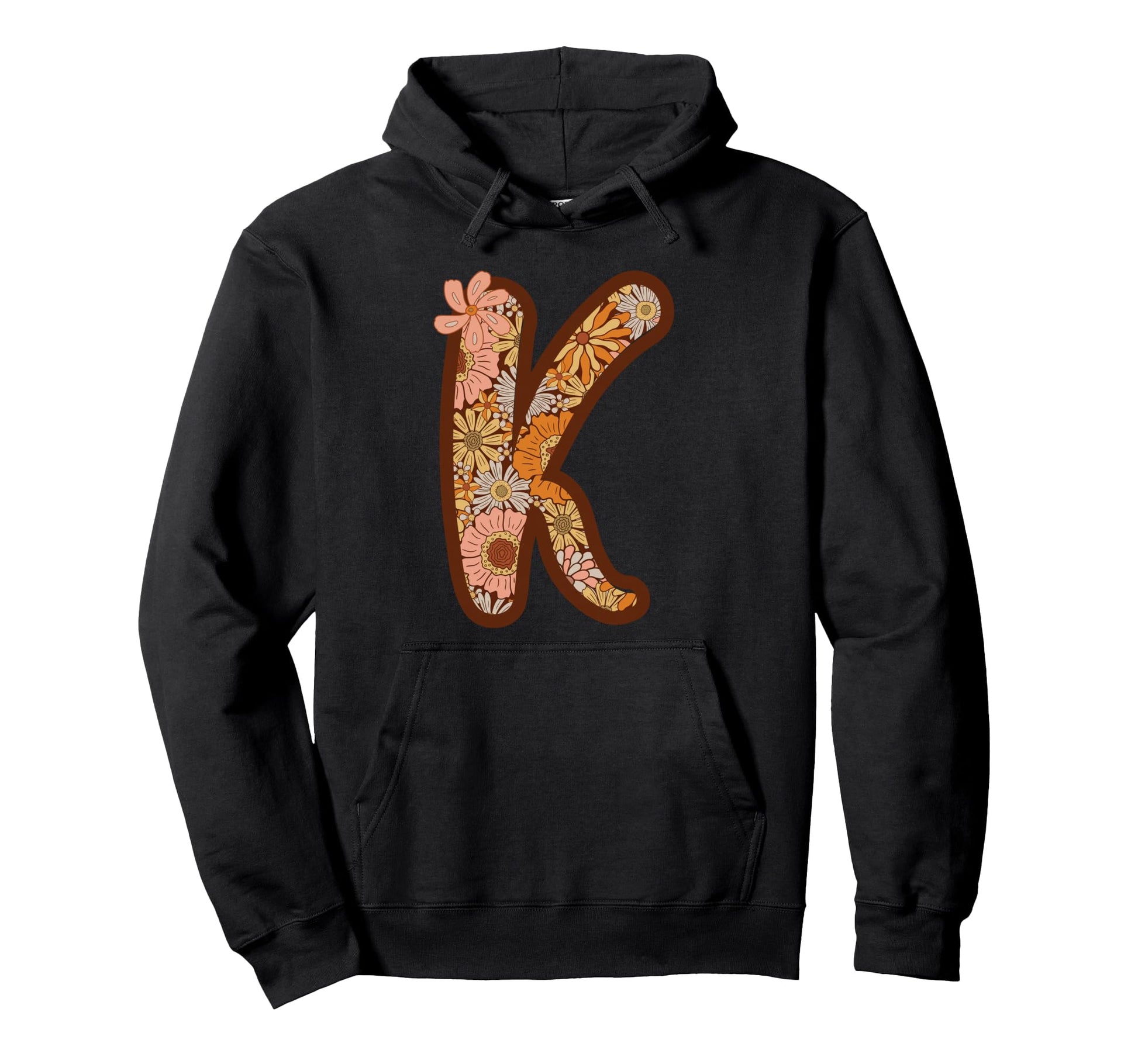 Letter K Initial Floral Monogram Boho Hoodie - Graphic Print for Adults - T-Shirt, Sweatshirt, Hoodie
