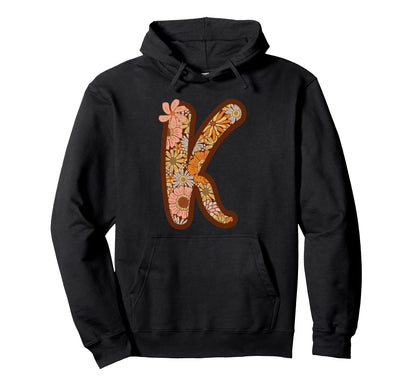 Letter K Initial Floral Monogram Boho Hoodie - Graphic Print for Adults - T-Shirt, Sweatshirt, Hoodie