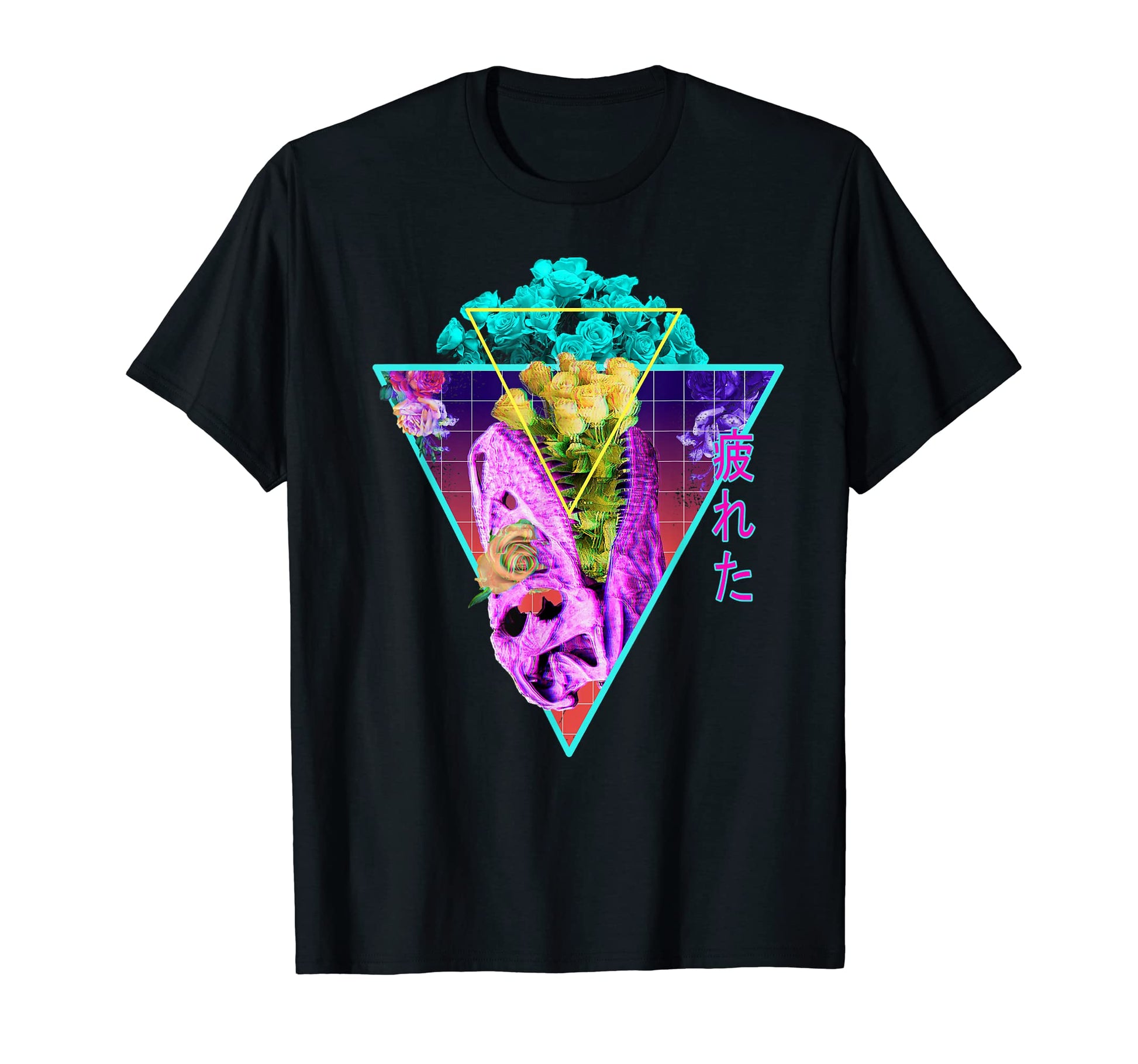 80S 90S Vaporwave Trex Skeleton Flowers T-Shirt - Unique Graphic Unisex - T-Shirt, Sweatshirt, Hoodie