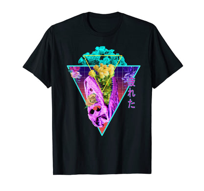 80S 90S Vaporwave Trex Skeleton Flowers T-Shirt - Unique Graphic Unisex - T-Shirt, Sweatshirt, Hoodie