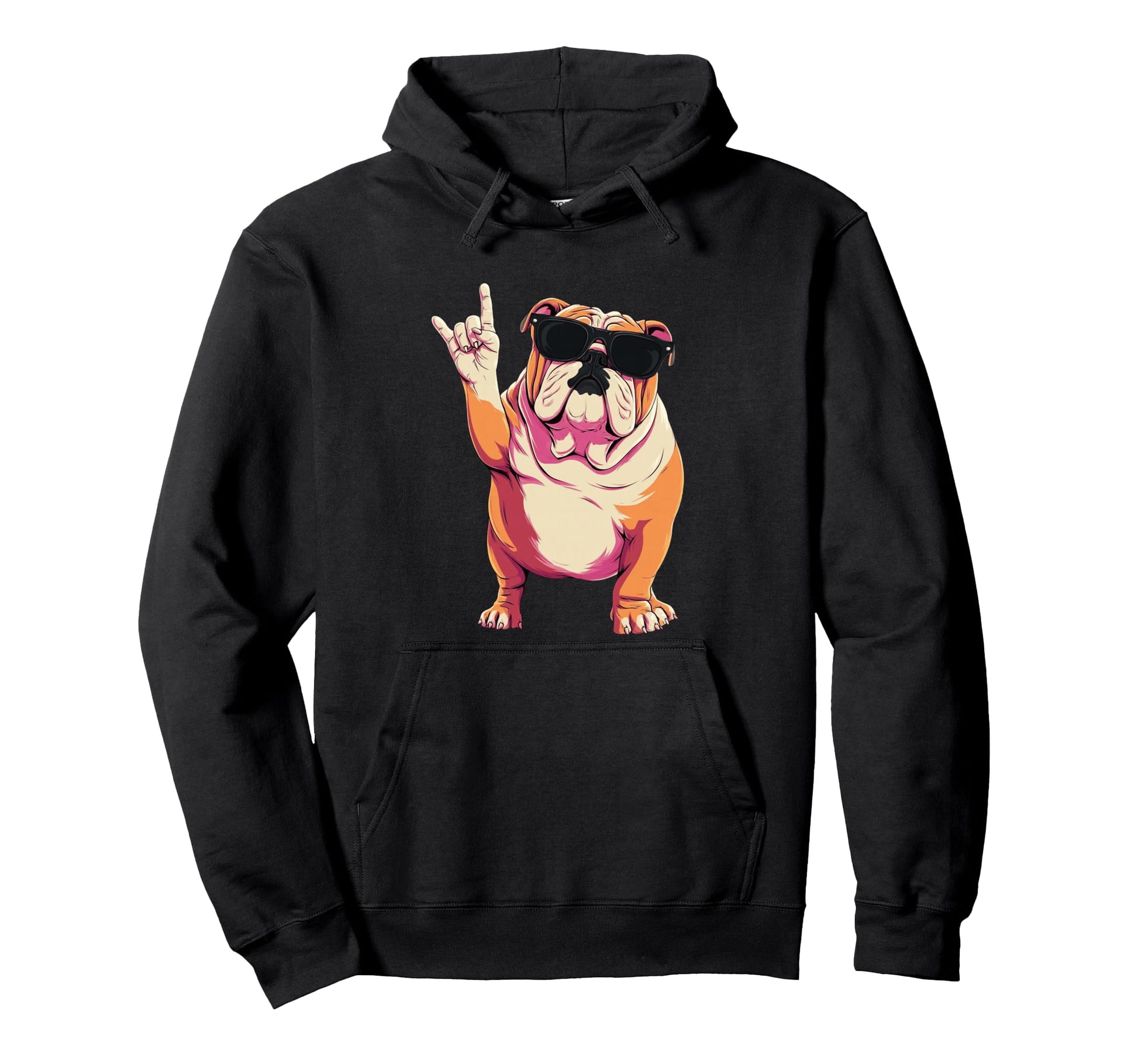 English Bulldog Rock Hand Sign Punk Dog Hoodie - Fun Novelty Design Unisex - T-Shirt, Sweatshirt, Hoodie