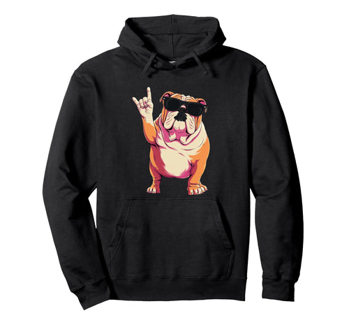 English Bulldog Rock Hand Sign Punk Dog Hoodie - Fun Novelty Design Unisex - T-Shirt, Sweatshirt, Hoodie