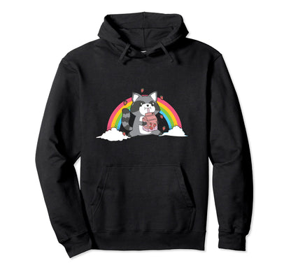 Rainbow Cat Raccoon Drinks Milk Hoodie - Aesthetic Graphic for Adults - T-Shirt, Sweatshirt, Hoodie