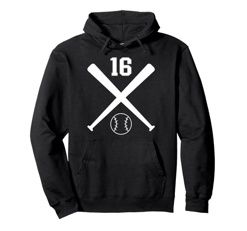 Baseball Softball Number 16 Hoodie - Fun Novelty Design for Adults - T-Shirt, Sweatshirt, Hoodie
