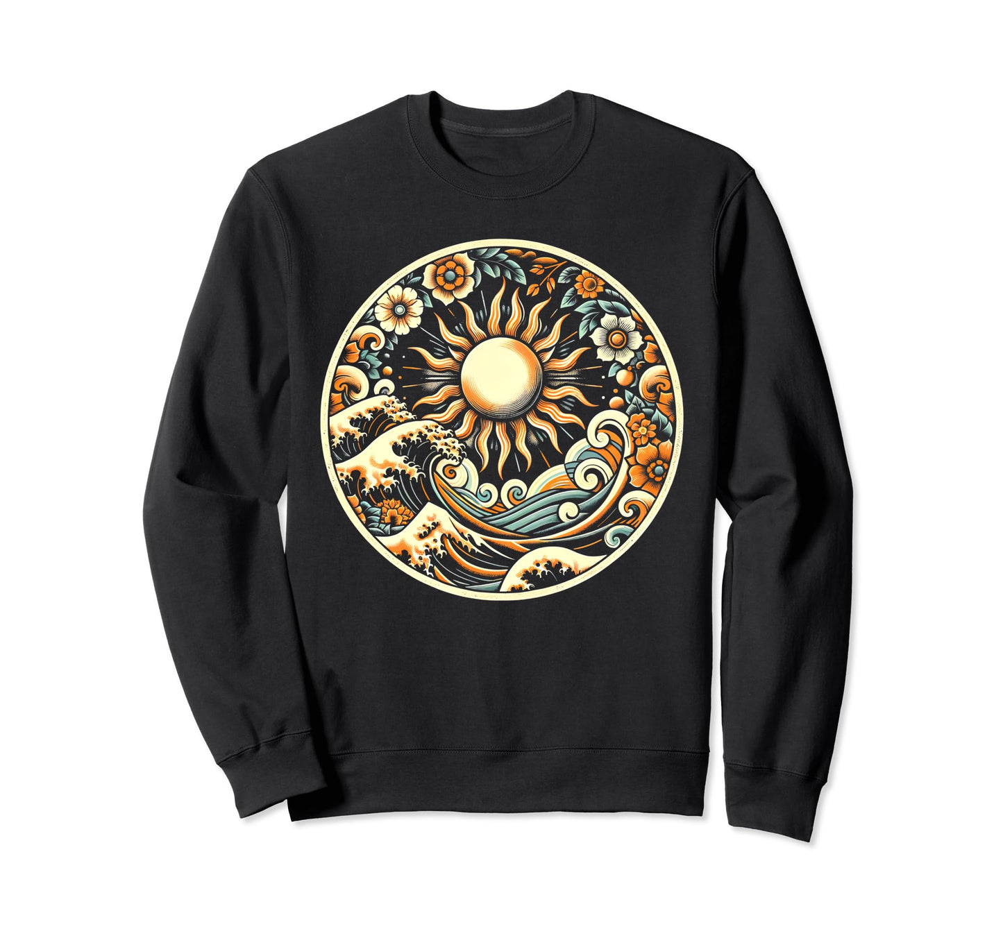 Boho Floral Sun Ocean Wave 70S Sweatshirt - Graphic Print for Adults - T-Shirt, Sweatshirt, Hoodie