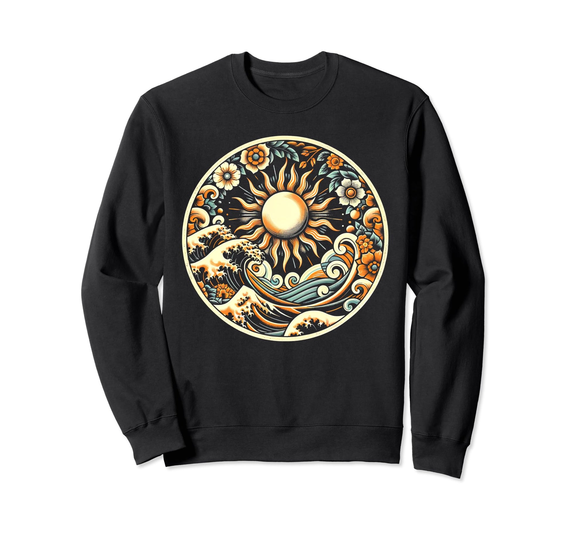 Boho Floral Sun Ocean Wave 70S Sweatshirt - Graphic Print for Adults - T-Shirt, Sweatshirt, Hoodie