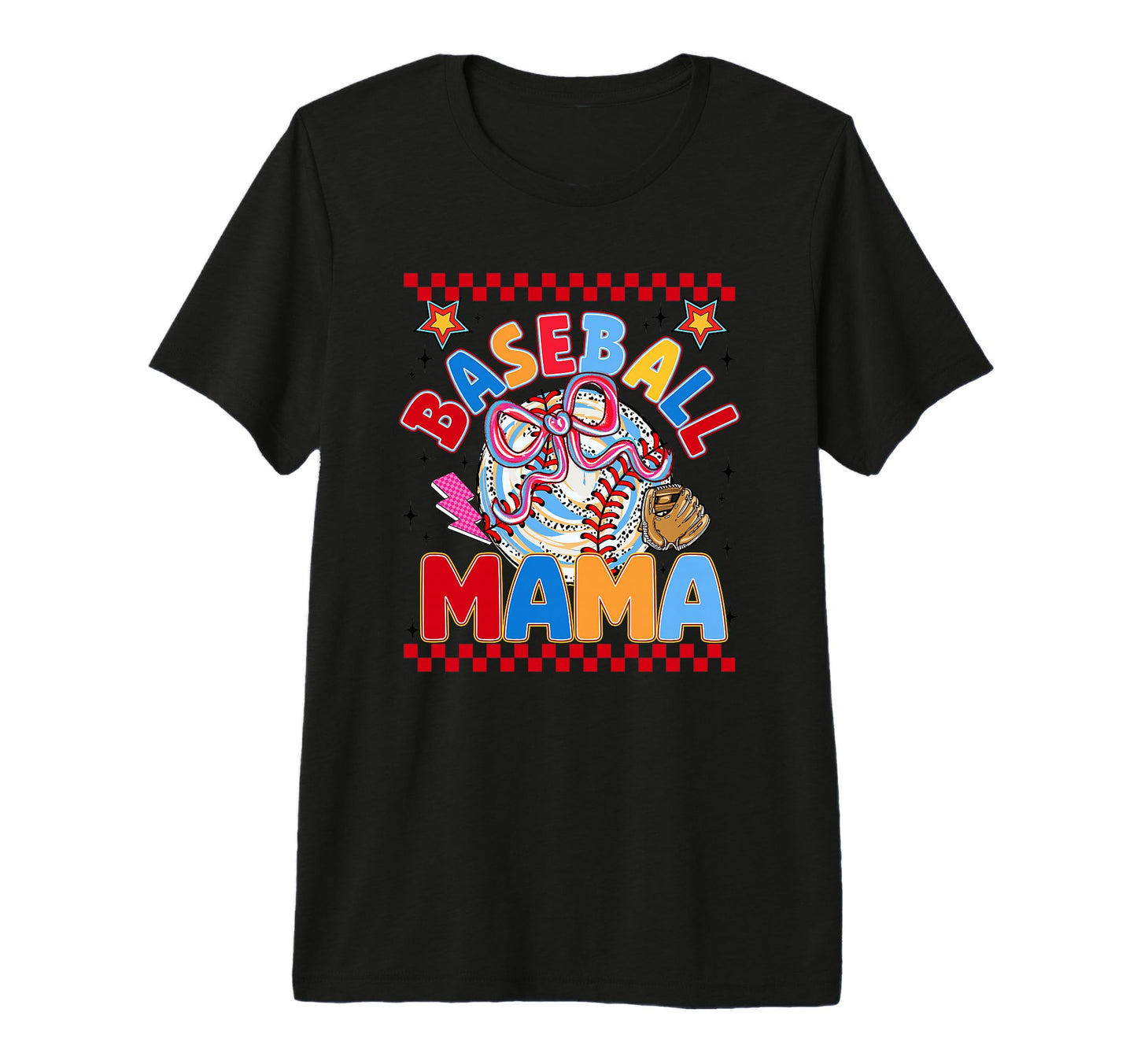 Baseball Mama Bow Glove Checkered T-Shirt - Novelty Apparel for Adults - T-Shirt, Sweatshirt, Hoodie