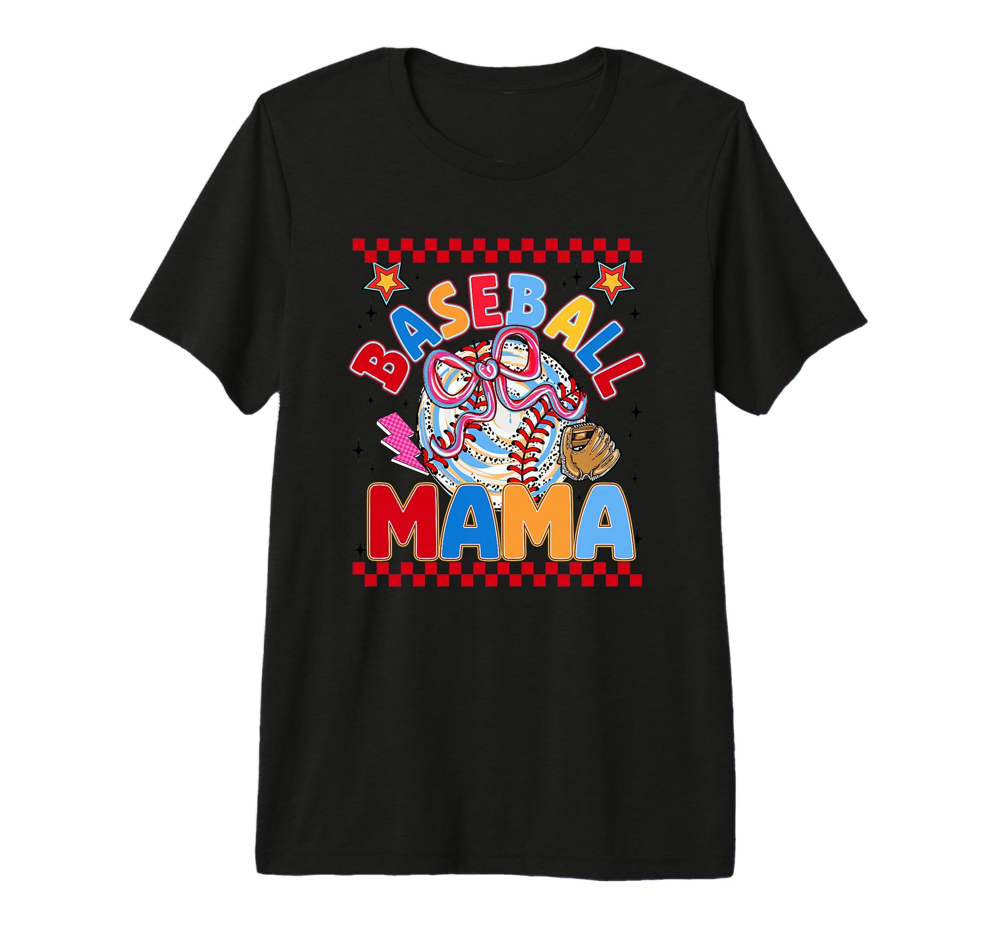 Baseball Mama Bow Glove Checkered T-Shirt - Novelty Apparel for Adults - T-Shirt, Sweatshirt, Hoodie