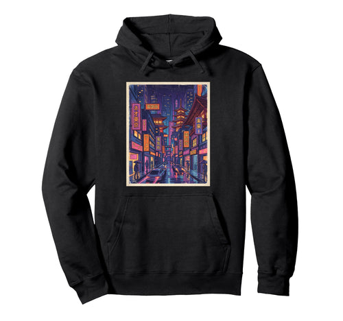 Cyberpunk Cityscape Japanese Vaporwave Hoodie - Custom Art Print for Adults - T-Shirt, Sweatshirt, Hoodie