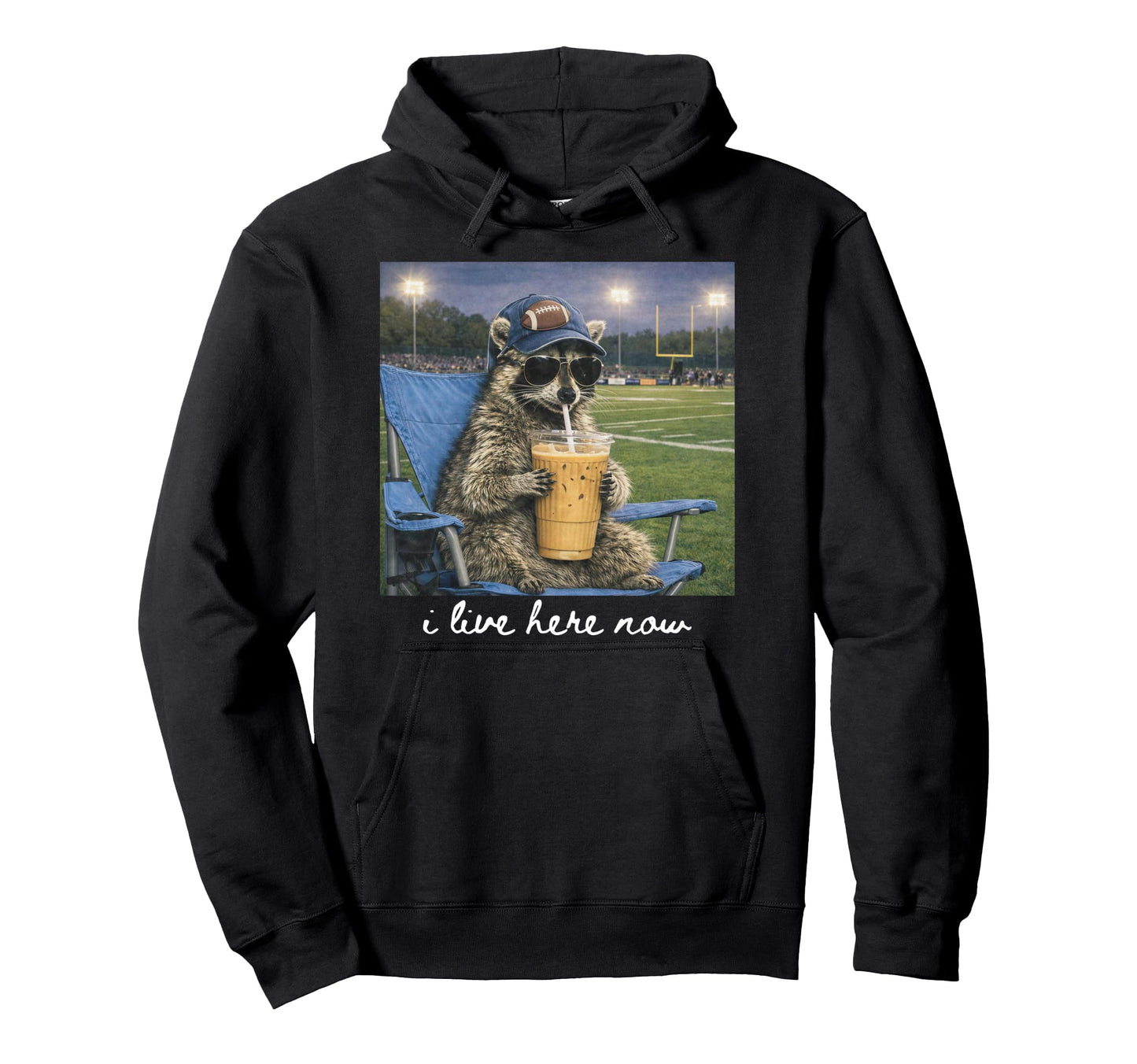 Funny Raccoon Football Field I Live Here Hoodie - Graphic Print Men Women - T-Shirt, Sweatshirt, Hoodie