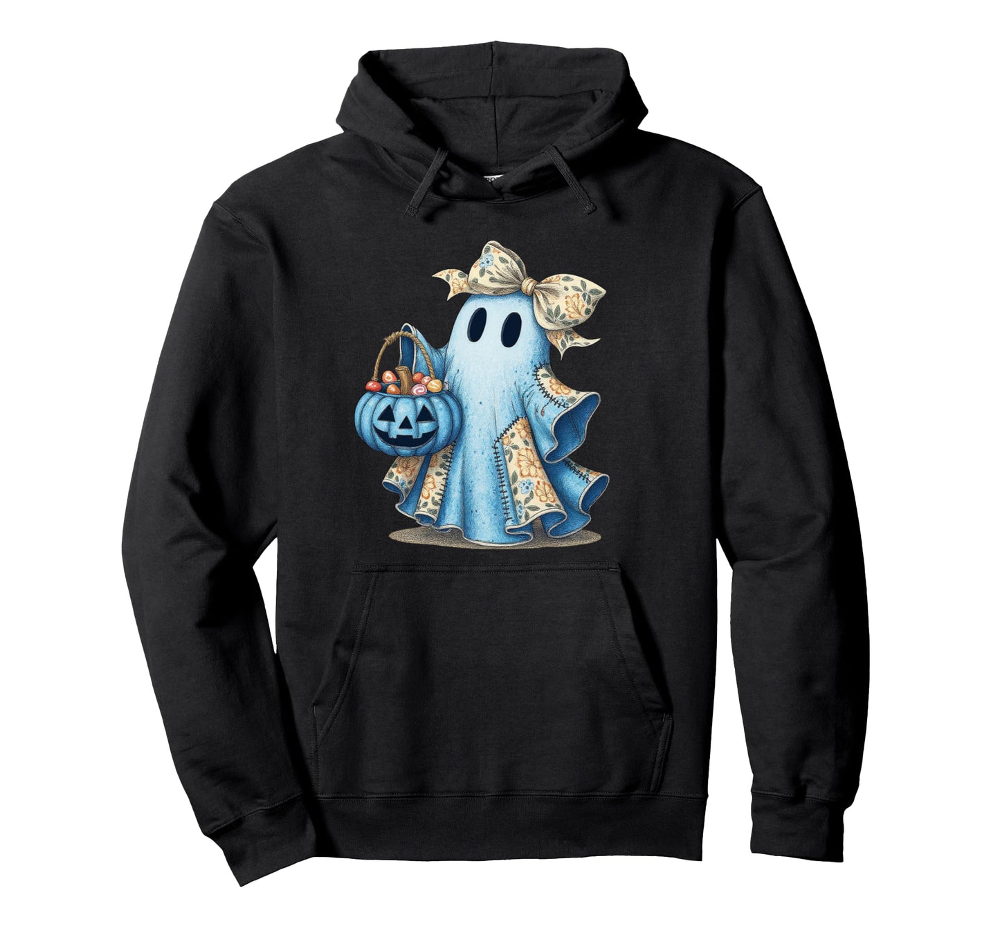 Blue Denim Ghost Bow Coquette Boho Hoodie - Graphic Print for Adults - T-Shirt, Sweatshirt, Hoodie