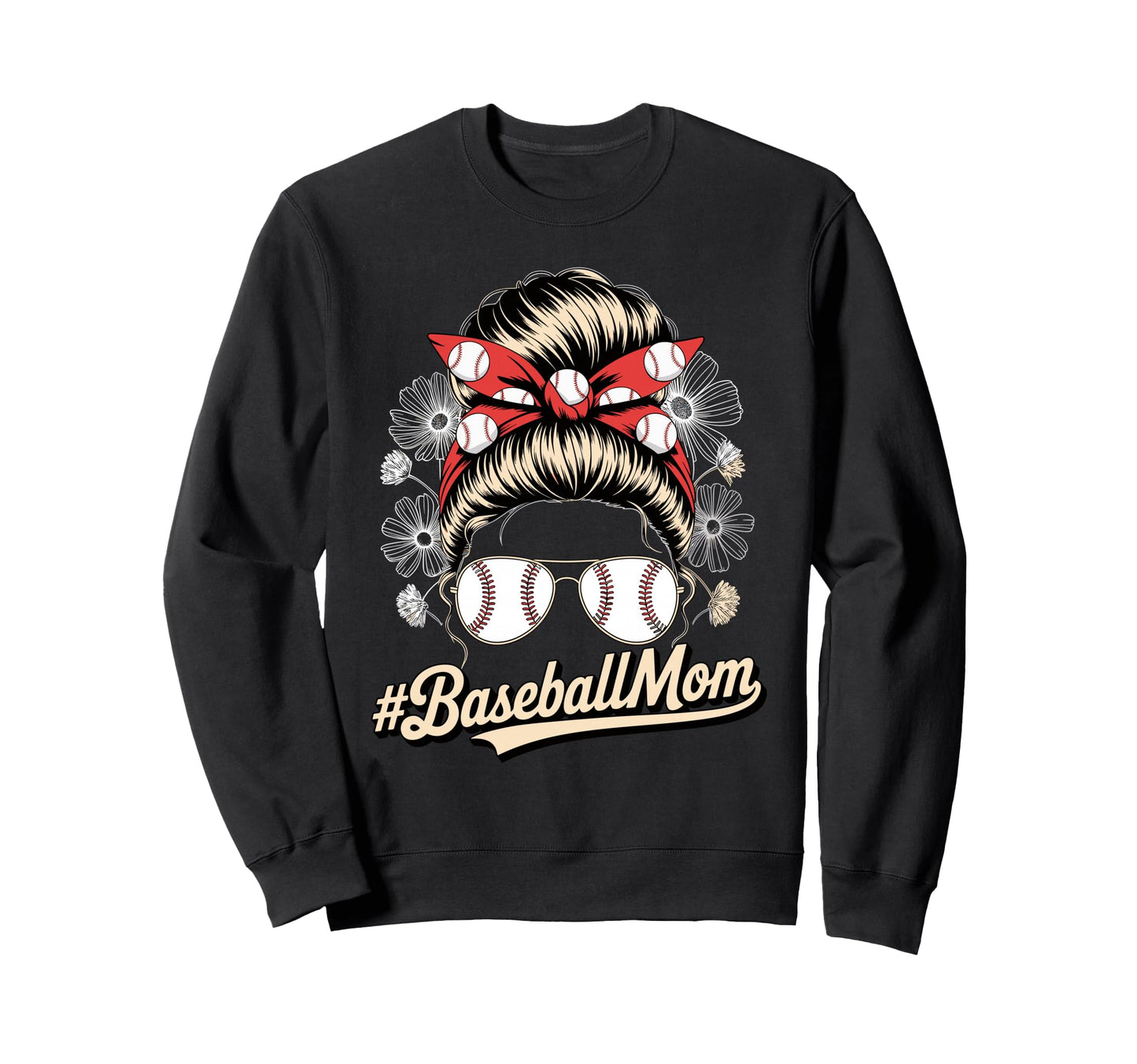 Baseball Mom Messy Bun Floral Game Sweatshirt - Minimalist Print Men Women - T-Shirt, Sweatshirt, Hoodie