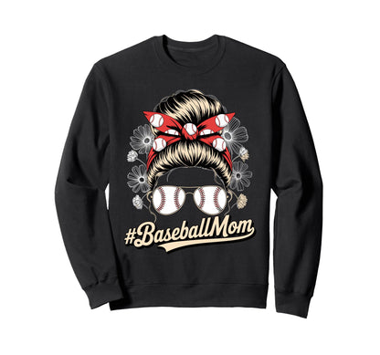 Baseball Mom Messy Bun Floral Game Sweatshirt - Minimalist Print Men Women - T-Shirt, Sweatshirt, Hoodie