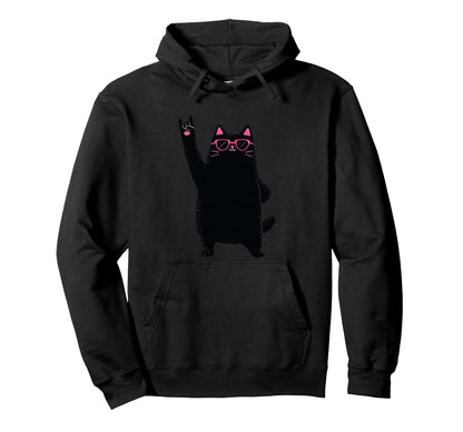 Cat Black Cat Rock And Roll Funny Animal Hoodie - Unique Graphic Unisex - T-Shirt, Sweatshirt, Hoodie
