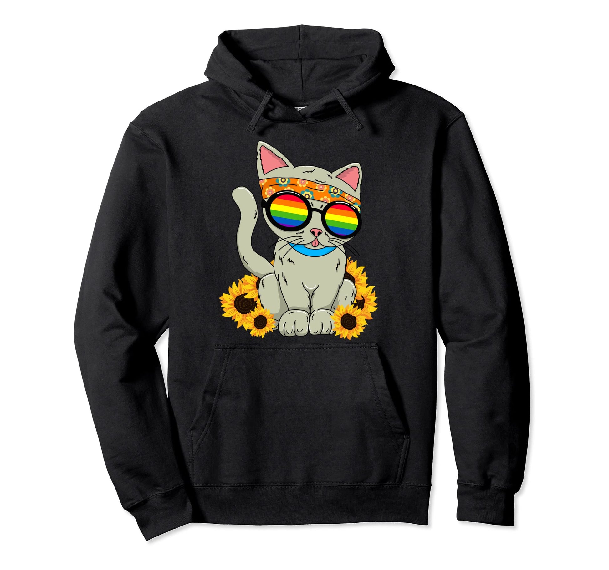 Funny Cat Sunflower Rainbow Hippie Hoodie - Minimalist Print for Adults - T-Shirt, Sweatshirt, Hoodie