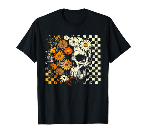 Checkered Boho Floral Skull Halloween T-Shirt - Streetwear Style for Adults - T-Shirt, Sweatshirt, Hoodie