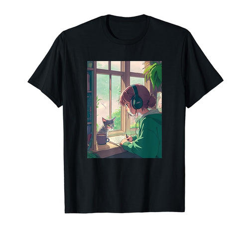 Lofi Anime Headphones Cat 90S Vaporwave T-Shirt - Graphic Print Men Women - T-Shirt, Sweatshirt, Hoodie