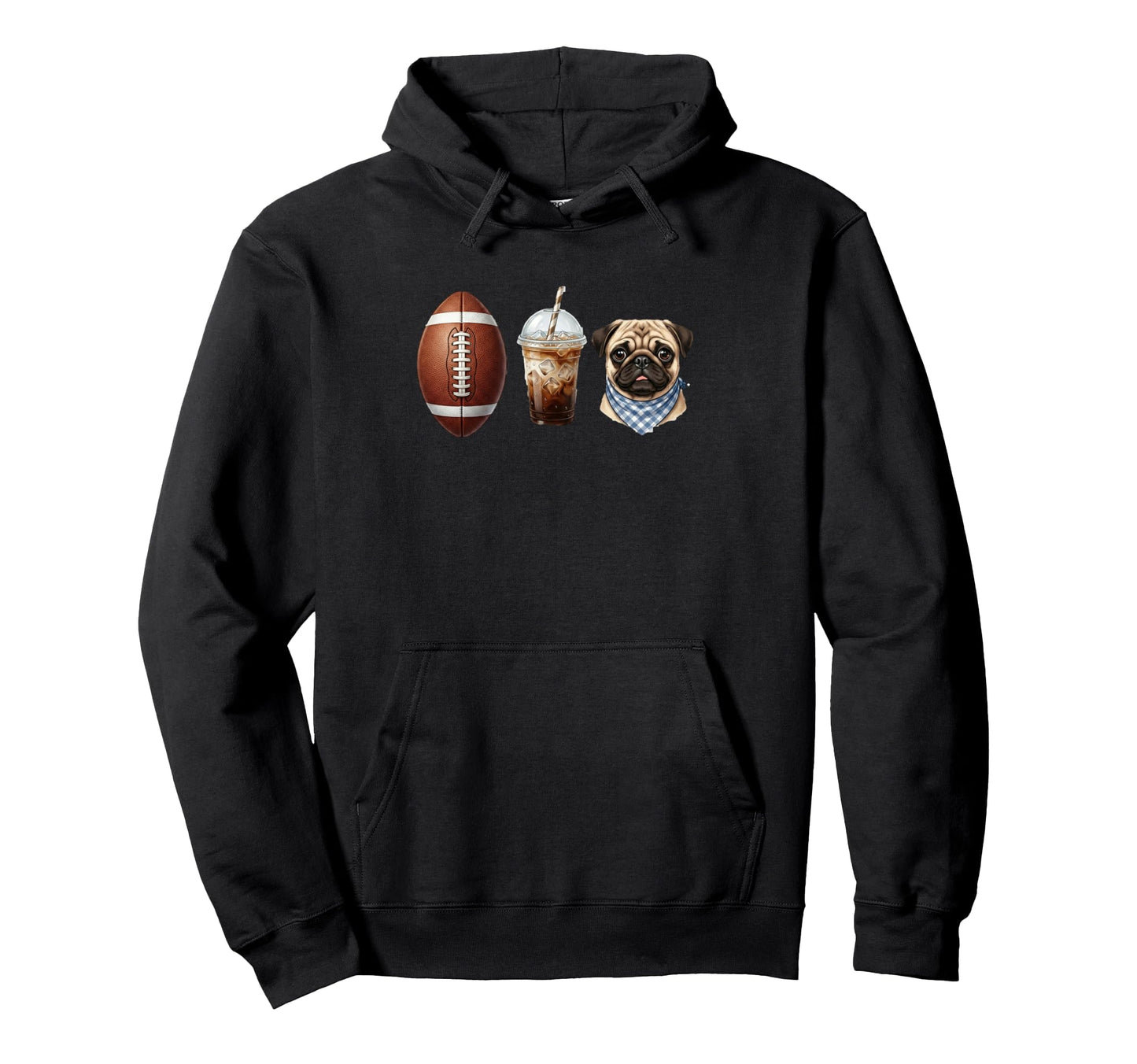 Womens American Football Iced Coffee Pug Hoodie - Unique Graphic Unisex - T-Shirt, Sweatshirt, Hoodie