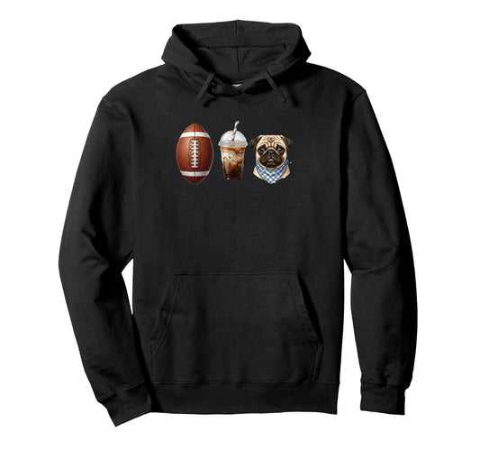 Womens American Football Iced Coffee Pug Hoodie - Unique Graphic Unisex - T-Shirt, Sweatshirt, Hoodie