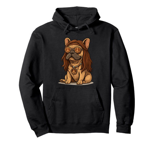 70S Hippie Pug Dog Peace And Love Hoodie - Minimalist Print Unisex - T-Shirt, Sweatshirt, Hoodie
