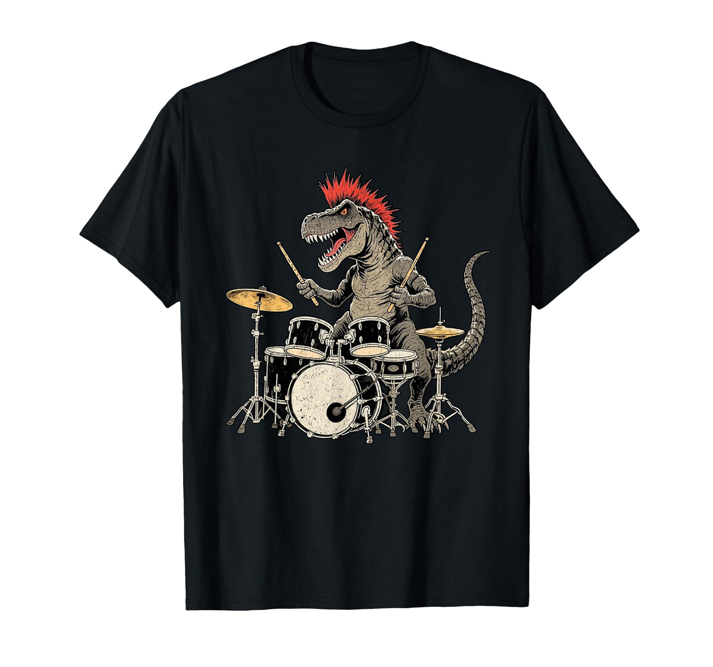 Punk Rock T Rex Dinosaur Playing Drum Funny T-Shirt - Graphic Print Unisex - T-Shirt, Sweatshirt, Hoodie