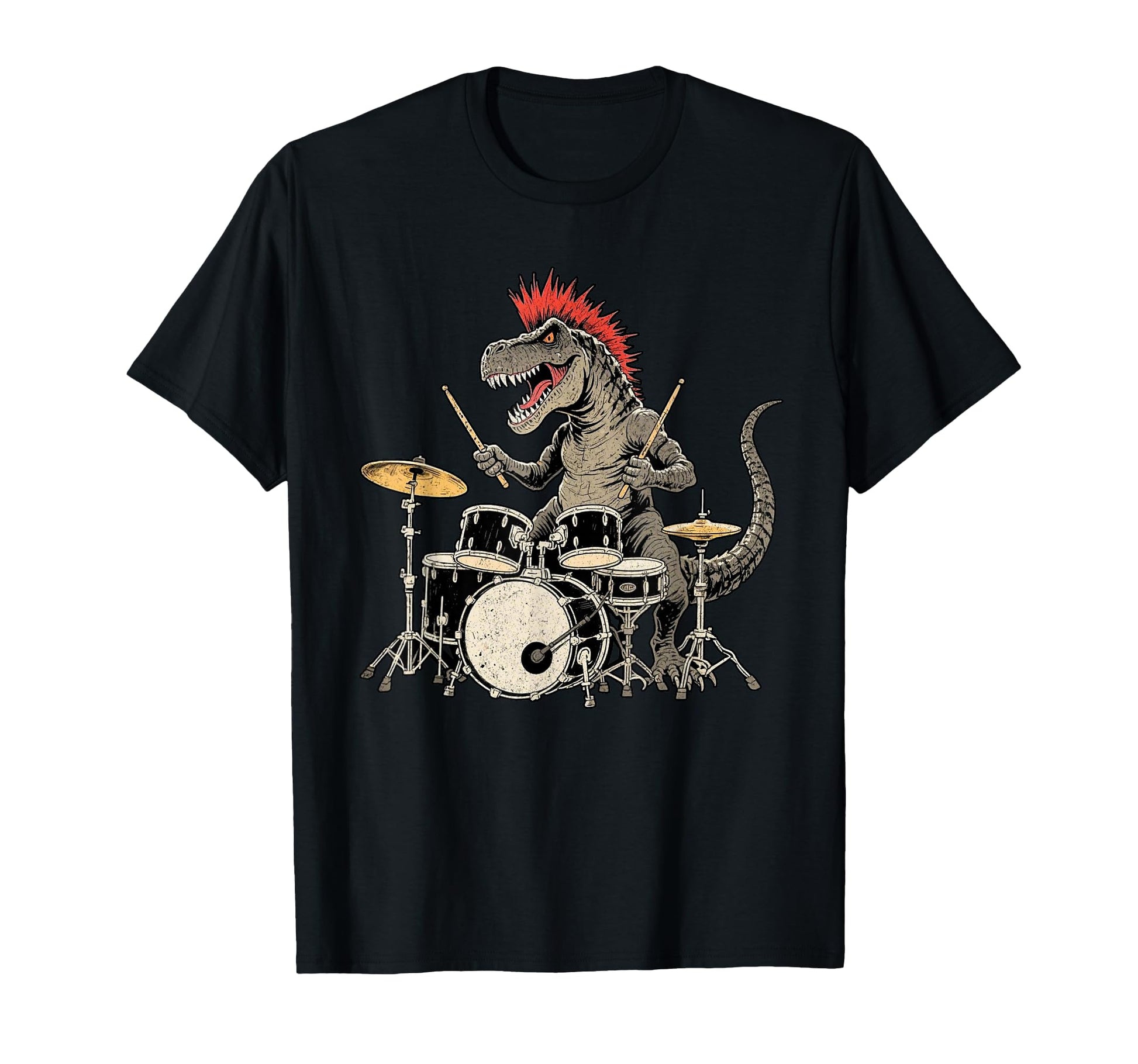 Punk Rock T Rex Dinosaur Playing Drum Funny T-Shirt - Graphic Print Unisex - T-Shirt, Sweatshirt, Hoodie