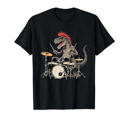 Punk Rock T Rex Dinosaur Playing Drum Funny T-Shirt - Graphic Print Unisex - T-Shirt, Sweatshirt, Hoodie
