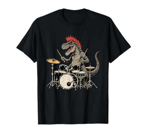 Punk Rock T Rex Dinosaur Playing Drum Funny T-Shirt - Graphic Print Unisex - T-Shirt, Sweatshirt, Hoodie