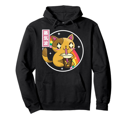 Cat Drinking Bubble Tea Boba Japan 80S Hoodie - Streetwear Style Unisex - T-Shirt, Sweatshirt, Hoodie