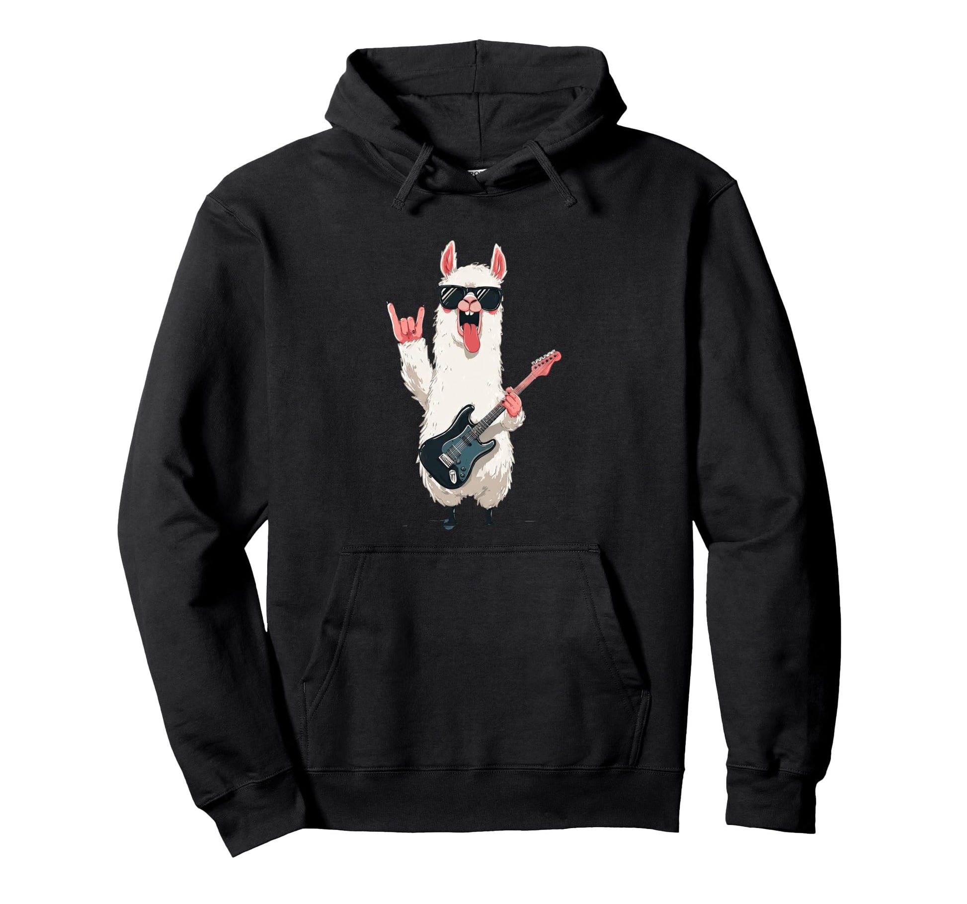 Llama Playing Guitar Funny Animal Rock Hoodie - Unique Graphic for Adults - T-Shirt, Sweatshirt, Hoodie