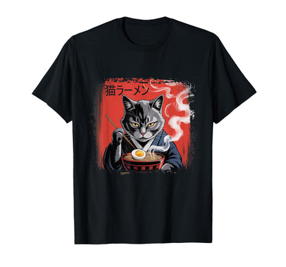 Japanese Cat Ramen Samurai Aesthetic T-Shirt - Graphic Print for Adults - T-Shirt, Sweatshirt, Hoodie