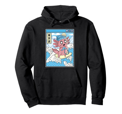 Gaming Axolotl Surfing Japanese Wave Hoodie - Aesthetic Graphic Unisex - T-Shirt, Sweatshirt, Hoodie