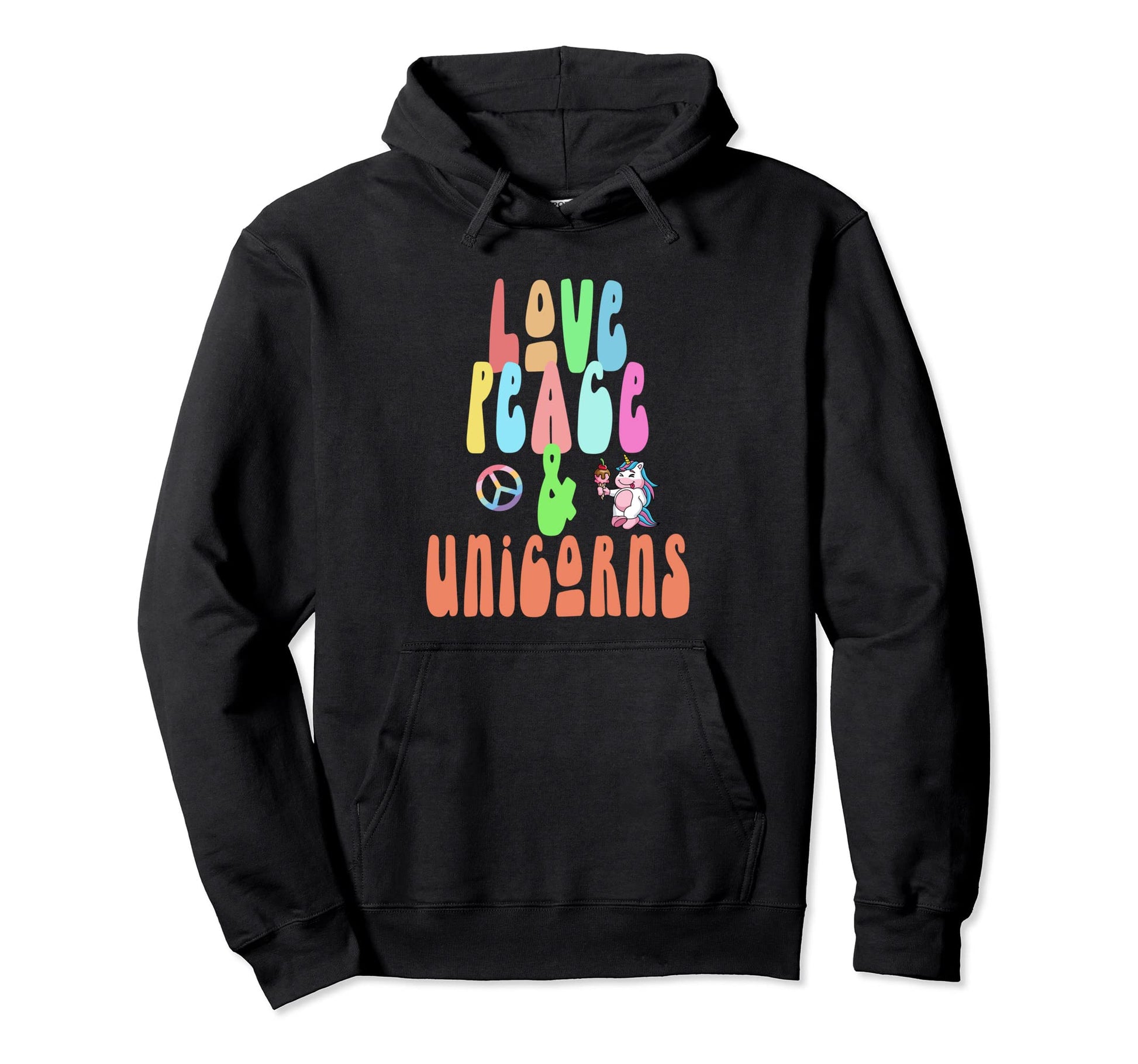 Love Peace Unicorns Fun Hippie Costume Hoodie - Trendy Graphic for Adults - T-Shirt, Sweatshirt, Hoodie
