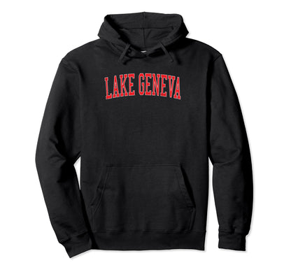 Lake Geneva Distressed Red Varsity Hoodie - Unique Graphic for Adults - T-Shirt, Sweatshirt, Hoodie