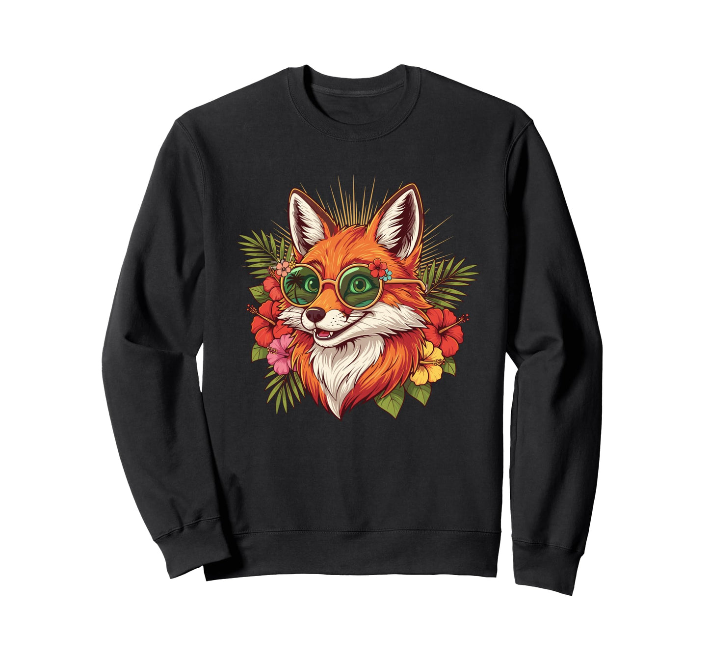 Tropical Fox Sunglasses And Flowers Sweatshirt - Novelty Apparel for Adults - T-Shirt, Sweatshirt, Hoodie