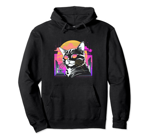 Sunset Vaporwave Aesthetics Cat Hoodie - Minimalist Print Men Women - T-Shirt, Sweatshirt, Hoodie