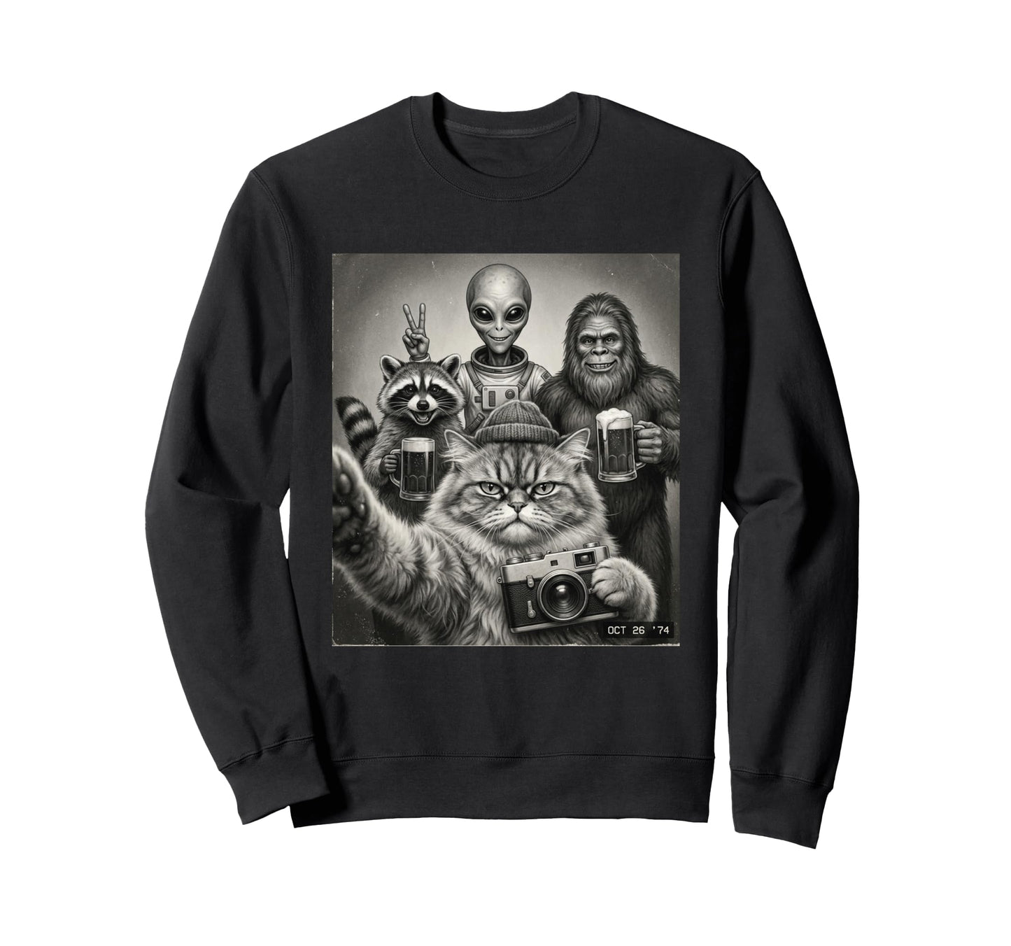 Cat Alien Bigfoot Raccoon Beer Selfie Sweatshirt - Graphic Print Unisex - T-Shirt, Sweatshirt, Hoodie
