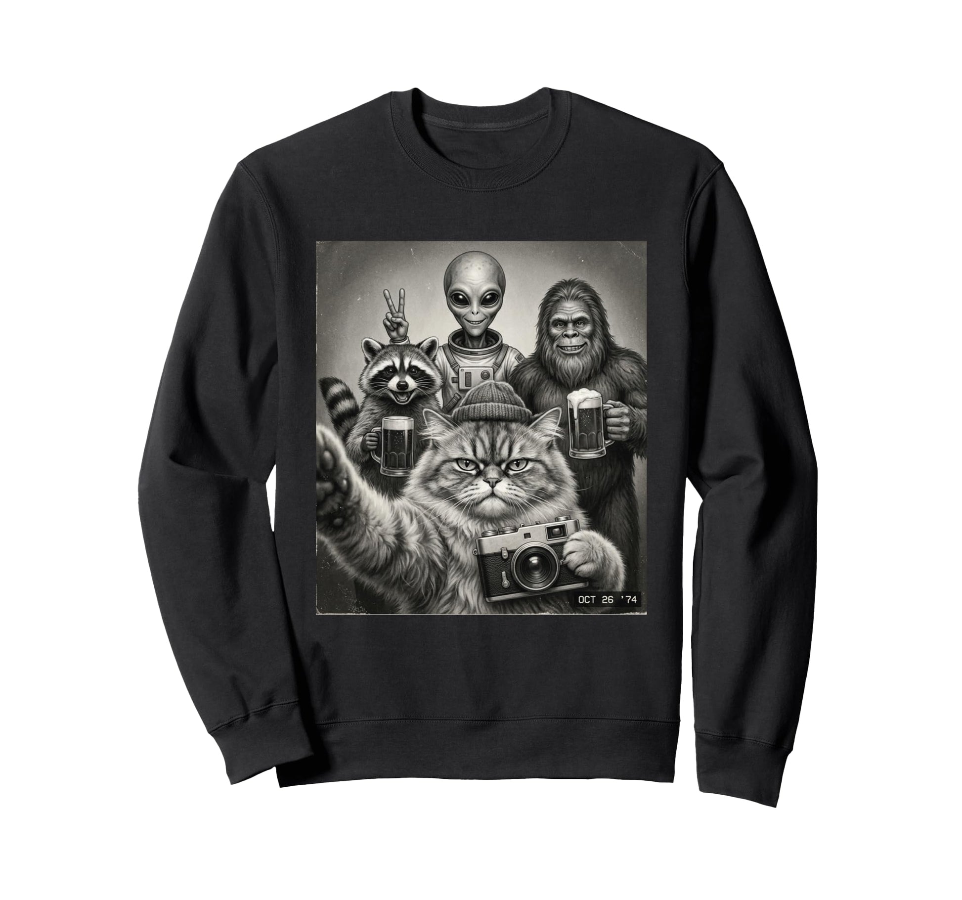 Cat Alien Bigfoot Raccoon Beer Selfie Sweatshirt - Graphic Print Unisex - T-Shirt, Sweatshirt, Hoodie