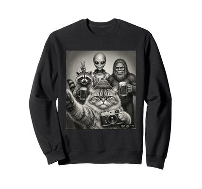 Cat Alien Bigfoot Raccoon Beer Selfie Sweatshirt - Graphic Print Unisex - T-Shirt, Sweatshirt, Hoodie